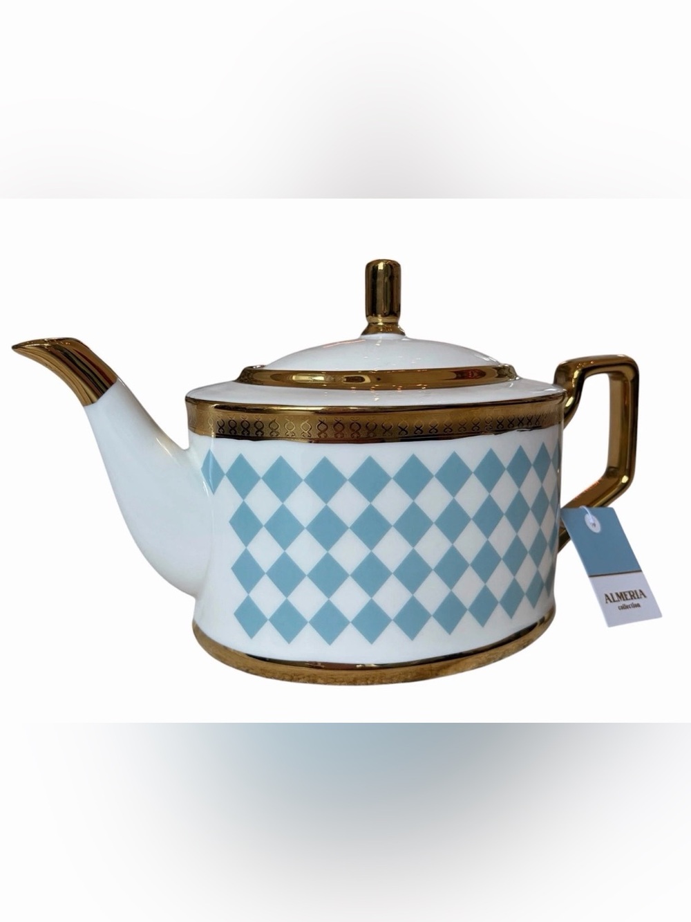NWT Almeria Blue Harlequin Porcelain Teapot with Gold Trim